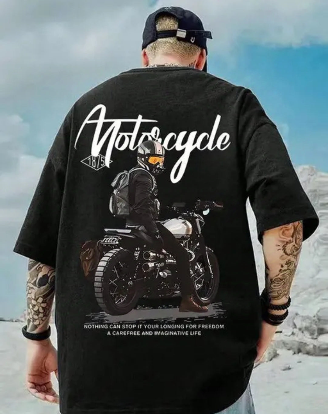 Motorcycle Oversized Men T-shirt | Black Coloured | Back Printed