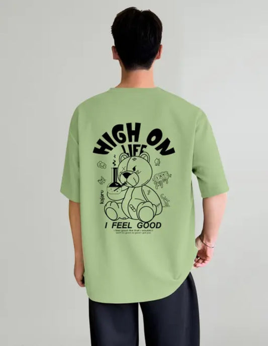 Green Teddy Trendy Men Round Neck Printed Oversize Cotton Blend Tshirt | Back printed Teddy